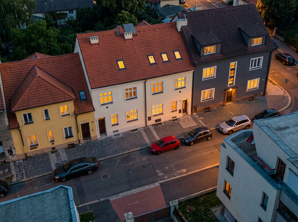 Vizualizace rezidence Pakoměřická 21 v Praze-Kobylisích za soumraku — řadové domy s rozsvícenými okny a střešními okny